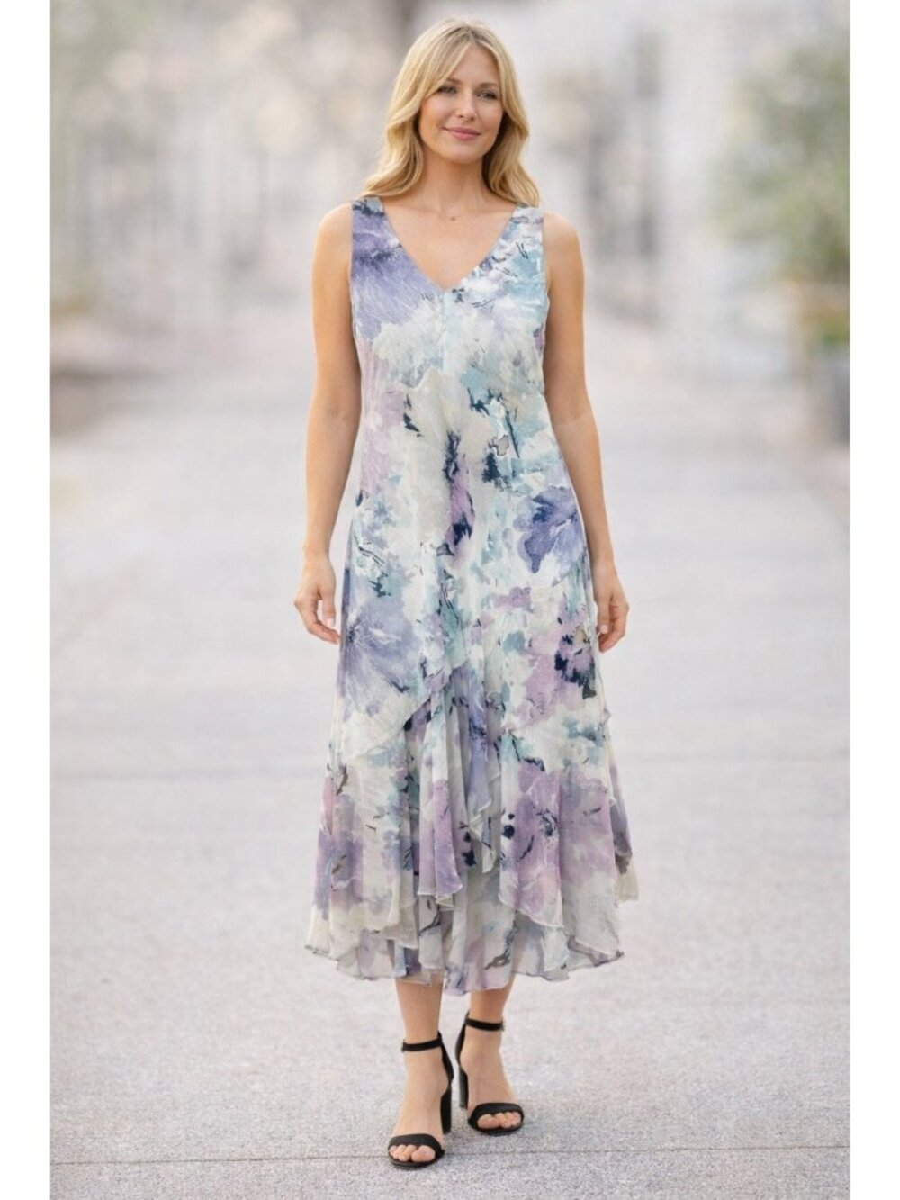 Women’s Y2K‎ Floral Ruffle Midi Dress Ruffle Tiered Fairy Whimsical Size 14